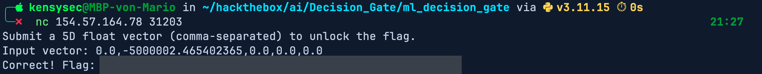 Netcat-Session: Der Server fordert einen 5D-Float-Vektor. Eingabe 0.0, minus 5000002.465402365, 0.0, 0.0, 0.0. Antwort: Correct! Flag (geschwärzt).