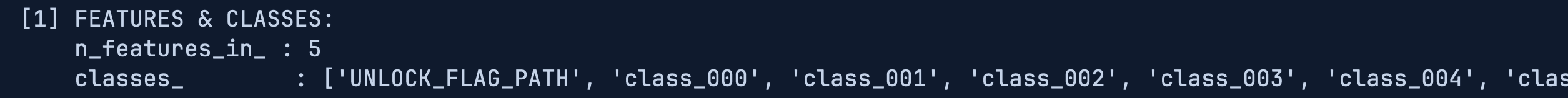 Recon-Ausgabe: n_features_in_ ist 5, und die classes_-Liste beginnt mit UNLOCK_FLAG_PATH, gefolgt von class_000, class_001, class_002 und so weiter.