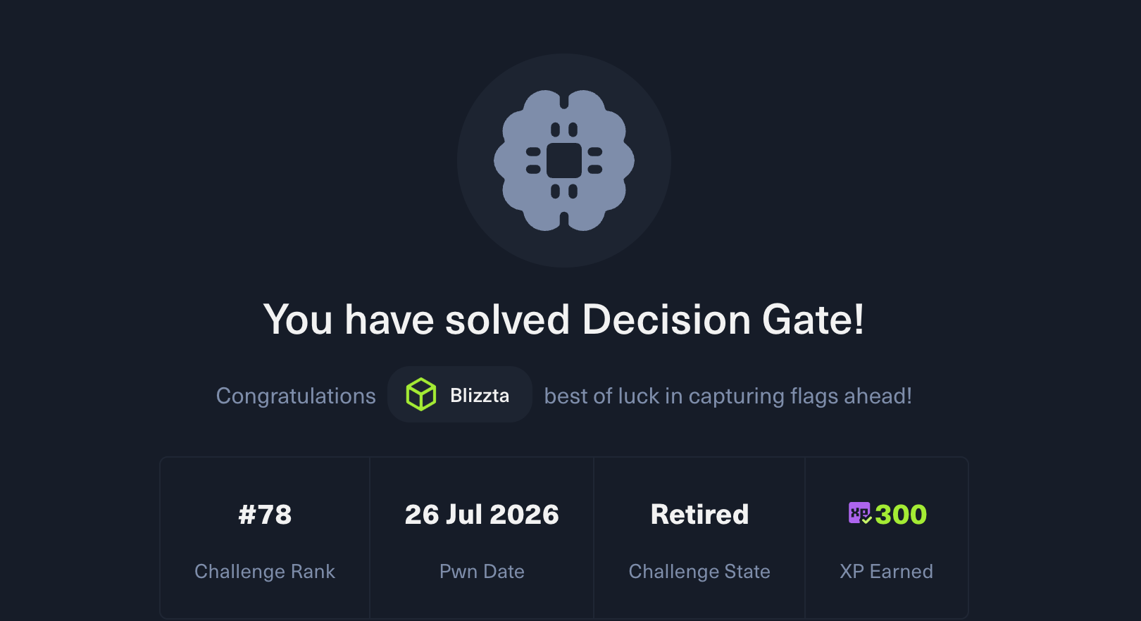HackTheBox-Bestätigung: You have solved Decision Gate. Challenge State Retired, 300 XP.