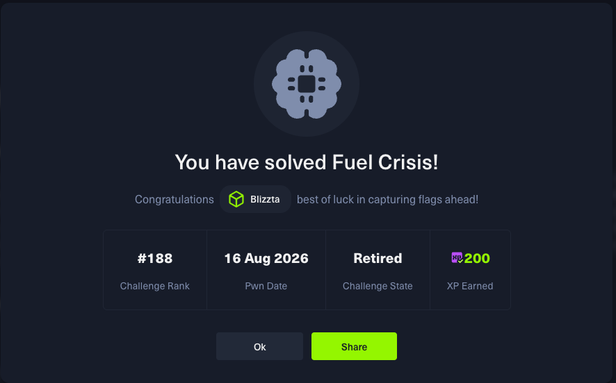 HackTheBox-Bestätigung: You have solved Fuel Crisis. Challenge State Retired, 200 XP, Pwn Date 16 Aug 2026.
