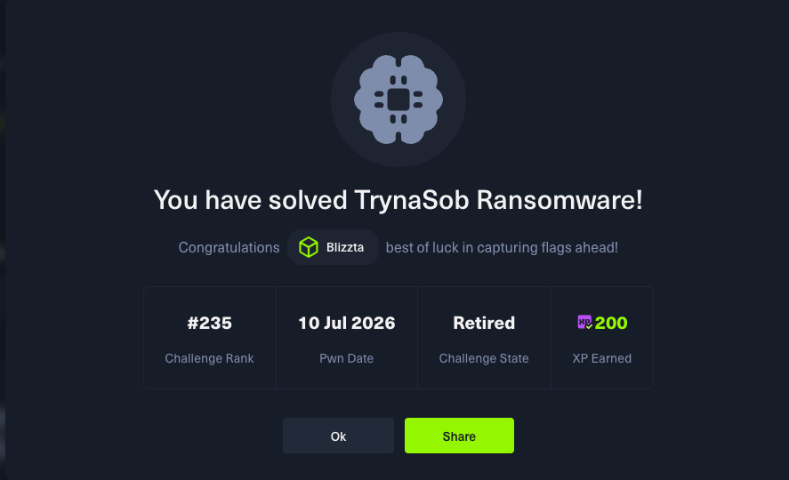 Hack-The-Box-Abschluss-Screen: TrynaSob Ransomware gelöst, Challenge-Status Retired, 200 XP.