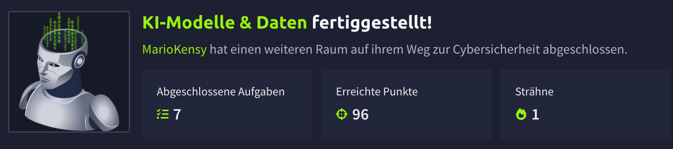 TryHackMe-Abschlussbildschirm: Raum „KI-Modelle & Daten“ fertiggestellt — 7 Aufgaben, 96 Punkte.