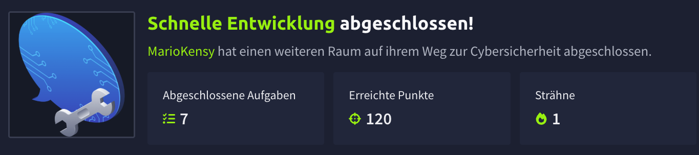 TryHackMe-Abschlussbildschirm: Raum „Schnelle Entwicklung“ fertiggestellt — 7 Aufgaben, 120 Punkte.