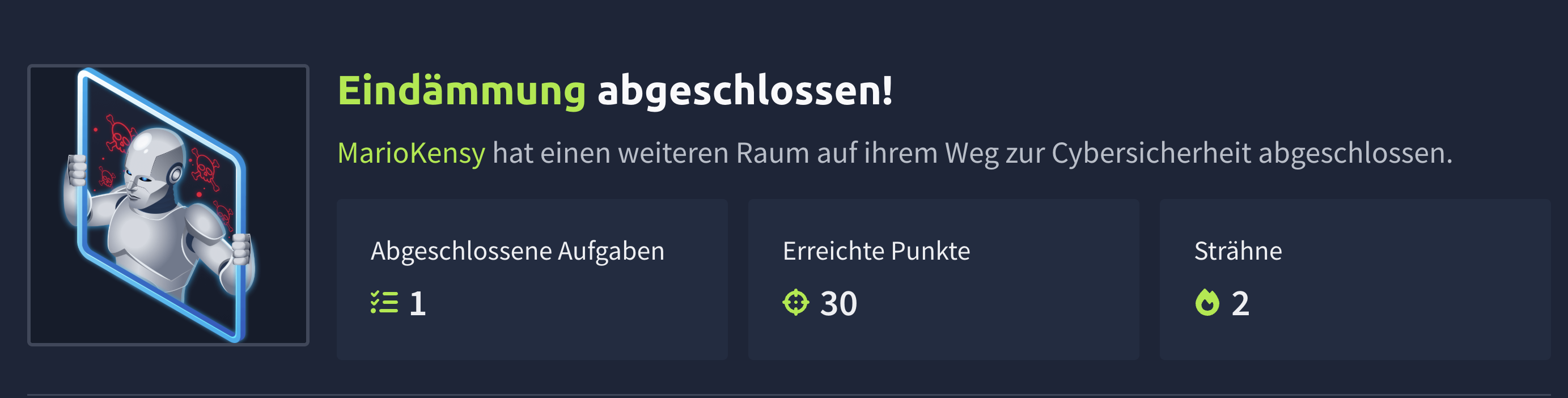 TryHackMe-Abschlussbildschirm: Raum „Eindämmung“ abgeschlossen — 1 Aufgabe, 30 Punkte.